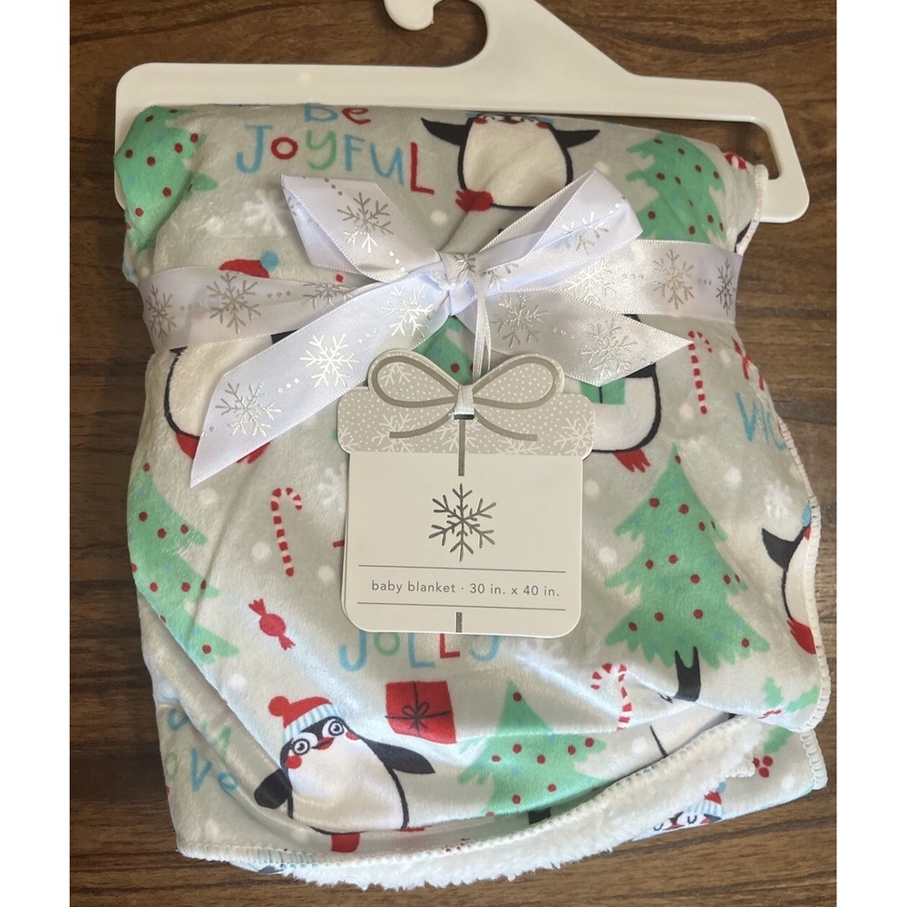 Penguin Christmas Holiday Gray White Baby Blanket "Be Joyful"‎ "Holly Jolly"